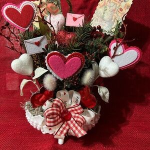 Festive Heart Bouquet w Red and Pink Accents Valentines Centerpiece Assemblage